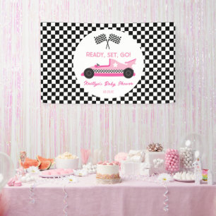 Roze Zwart Race Auto Ready Set Go Baby shower Spandoek