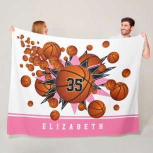Roze Zwart Sportkamer Decor Basketballen Sterren Fleece Deken