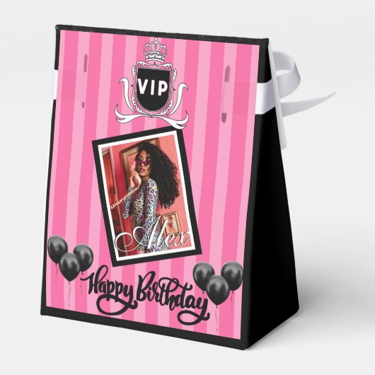 ROZE Zwart Strepen Girly Verjaardag/Slumber Party Bedankdoosjes (Achterkant)