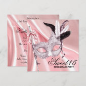 Roze Zwart Sweet 16 Masquerade Party Kaart (Voorkant / Achterkant)