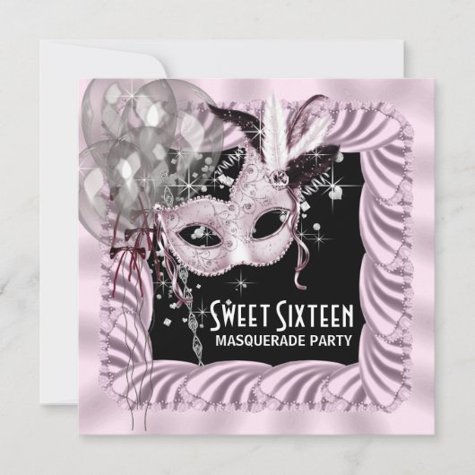 Roze Zwart Sweet 16 Masquerade Party Kaart (Voorkant)