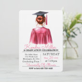 Roze & Zwart Waterverf Afstuderen Uitnodiging (Staand voorkant)