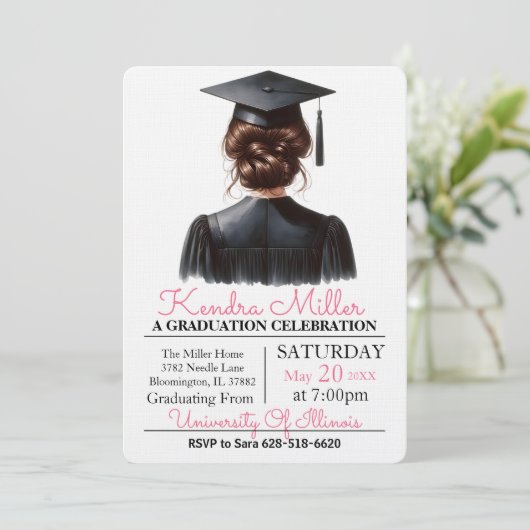 Roze & Zwart Waterverf Afstuderen Uitnodiging (Staand voorkant)