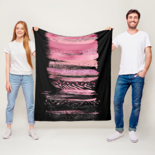 Roze Zwart Waterverf Glitter Folie Paint Strokes Fleece Deken