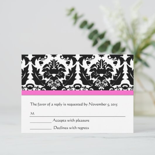 Roze zwart-wit Damask RSVP (Staand voorkant)