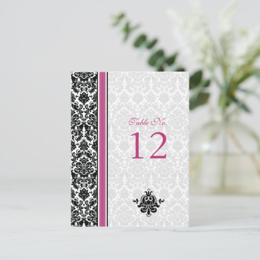 Roze, Zwart, Wit Damask Tafelnummer Kaart (Staand voorkant)