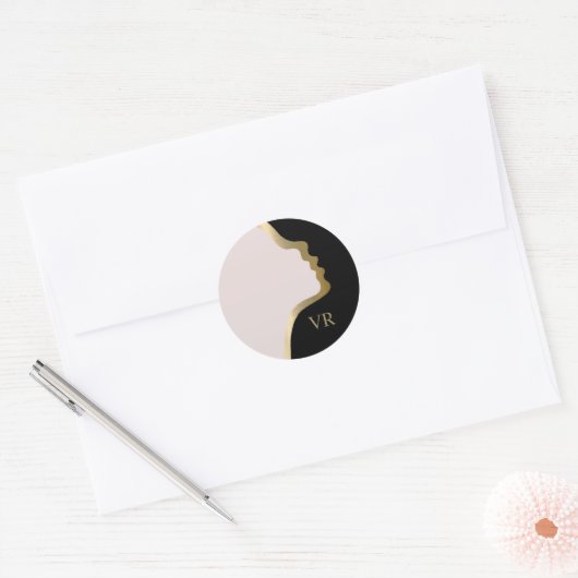 Roze zwart-wit en goudfaceMonogram, naam Ronde Sticker (Envelop)