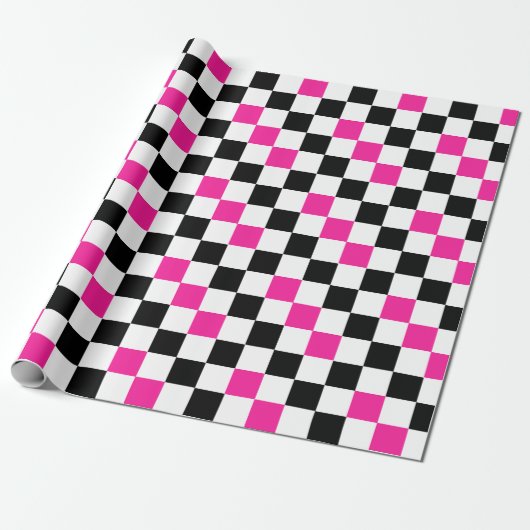 Roze Zwart Wit Geruit Patroon Ontwerp Cadeaupapier (Uitgerold)