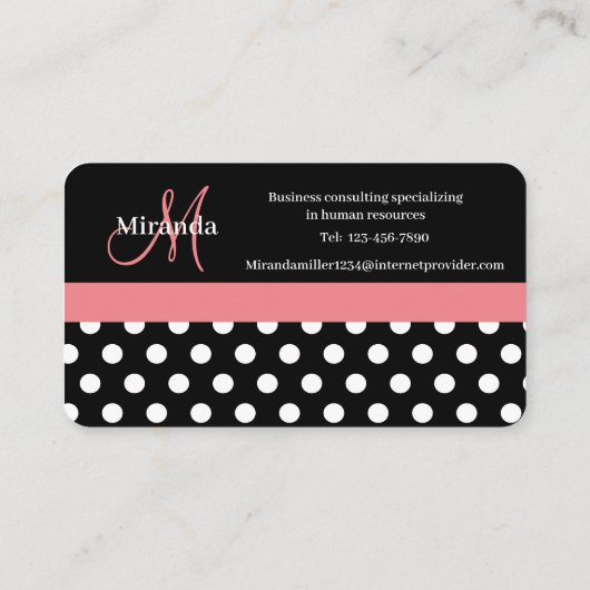 Roze Zwart Wit Polka Dot Monogram Visitekaartje (Achterkant)