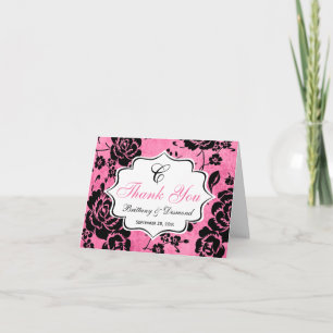 Roze Zwart Witte Bloemige Damast Bedankkaart