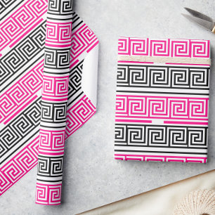 Roze Zwart Witte Griekse Sleutel Fret Patroon Ontw Cadeaupapier