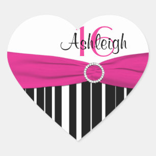 Roze, zwart, witte streping 16e verjaardag ticker hart sticker