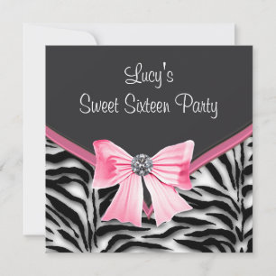 Roze Zwart Witte Zebra Sweet 16 Feestje Kaart