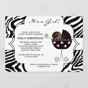 Roze Zwart Zebra Meisje Baby Borrelkaartjes Kaart