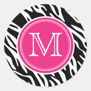Roze & Zwart Zebra Print Monogram Ronde Stickers