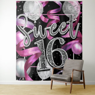 Roze Zwart Zilver Glitter Sweet 16 Feest Achtergro Wandkleed
