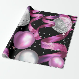 Roze Zwart Zilver Glitter Sweet 16 Verjaardagsfees Cadeaupapier