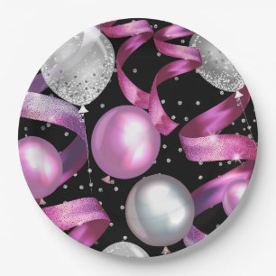 Roze Zwart Zilveren Glitter Sweet 16 Verjaardagsfe Papieren Bordje