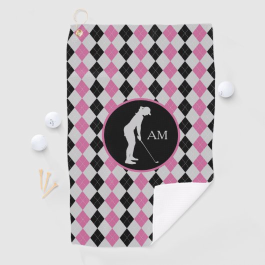 Roze zwarte argyle Silhouette Golfer Monogram Golfhanddoek (Insitu)