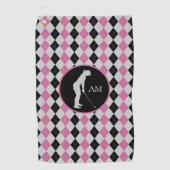 Roze zwarte argyle Silhouette Golfer Monogram Golfhanddoek (Voorkant)