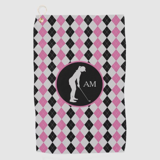 Roze zwarte argyle Silhouette Golfer Monogram Golfhanddoek (Voorkant)