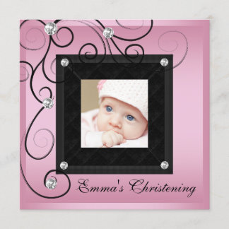 Roze Zwarte Baby Meisje Foto Doop Uitnodigingen