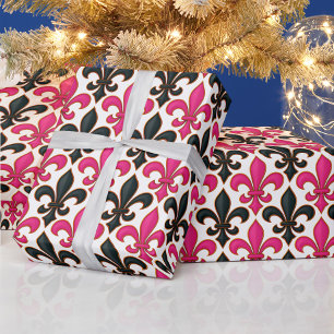 Roze Zwarte Barok Fleur-de-lis Patroon Ontwerp  Cadeaupapier