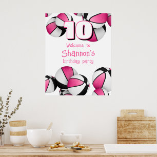 Roze zwarte basketballen meisjes verjaardagsfeestj poster