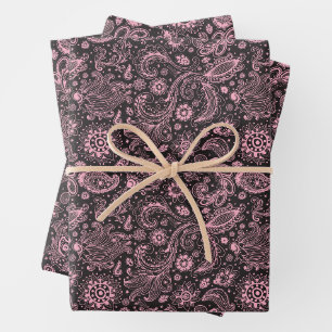 Roze zwarte batik boho stijl bloemrijke paisley pa inpakpapier vel