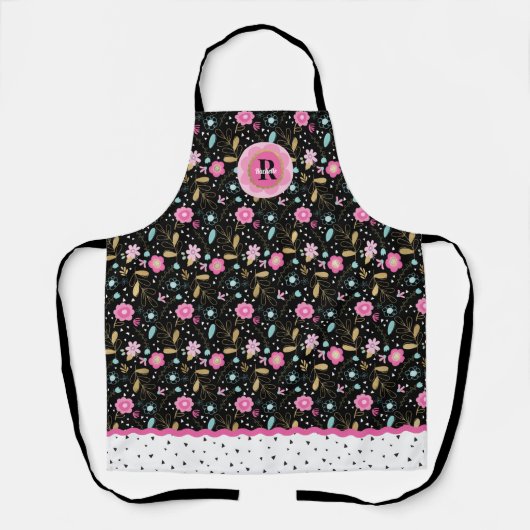 Roze Zwarte Bloemen Monogram All-Over Print Schort (Voorkant)