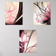 Roze & Zwarte Bloemen Wall Art – Set van 3 Prints