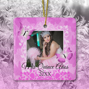 Roze, zwarte Butterflies Quinceanera Foto Keramisch Ornament