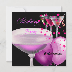 Roze zwarte champagne Cocktails Birthday Party Kaart