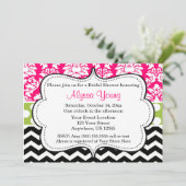 Roze zwarte Chevron Damask uitnodiging (Staand voorkant)