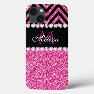 Roze zwarte Chevron Monogram iPhone 13 Hoesje