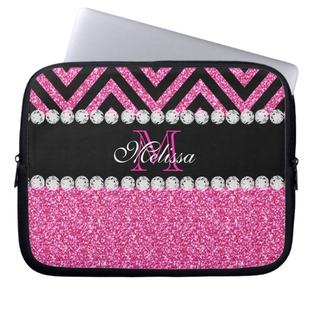 Roze zwarte Chevron Monogram Laptop Sleeve (Voorkant)