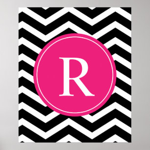Roze zwarte Chevron Monogram Poster