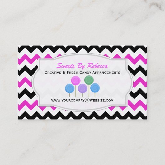 Roze, zwarte Chevron Pattern: Snoep Visitekaartje (Voorkant)