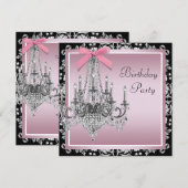 Roze Zwarte Damask Chandelier Verjaardagsfeest Kaart (Voorkant / Achterkant)