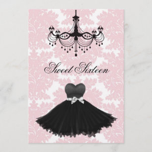 Roze Zwarte Damast Kroonluchter Sweet Sixteen Verj Kaart