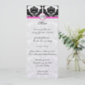 Roze & Zwarte Damast op Zilveren Metallic Bruiloft Menu (Staand voorkant)
