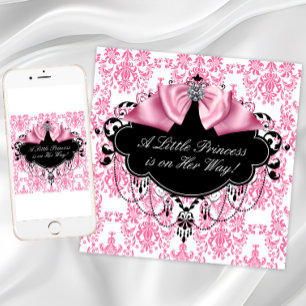 Roze Zwarte Damast Prinses Baby Shower Kaart