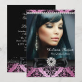 Roze zwarte Diamond Bow & Damask Quinceanera Kaart (Voorkant / Achterkant)