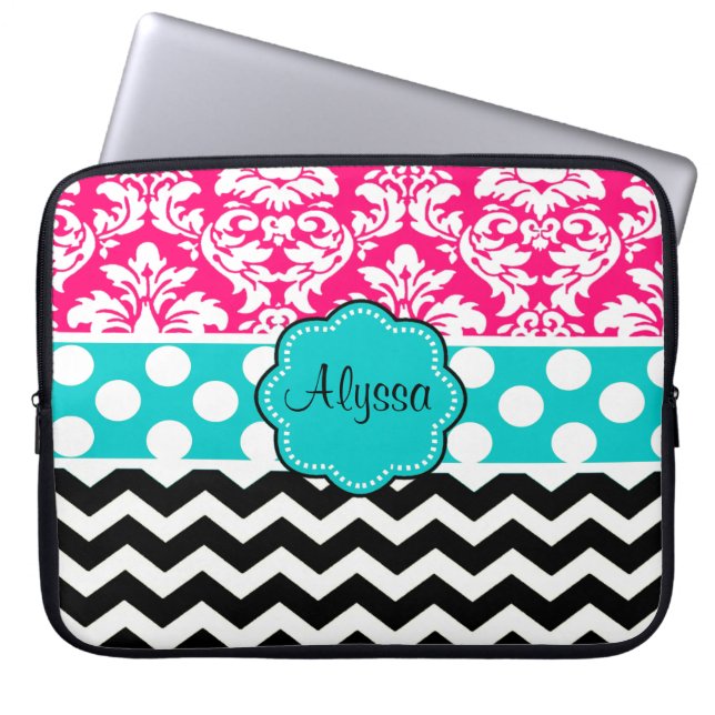 Roze zwarte dot Damask Chevron gepersonaliseerd Laptop Sleeve (Voorkant)
