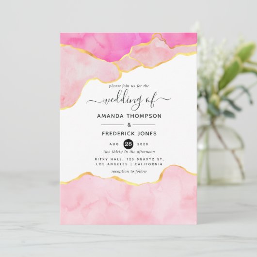 Roze, zwarte en gouden oorkonde bruiloft kaart (Staand voorkant)