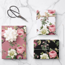 Roze, zwarte en witte  Roos Floral Patronen Inpakpapier Vel