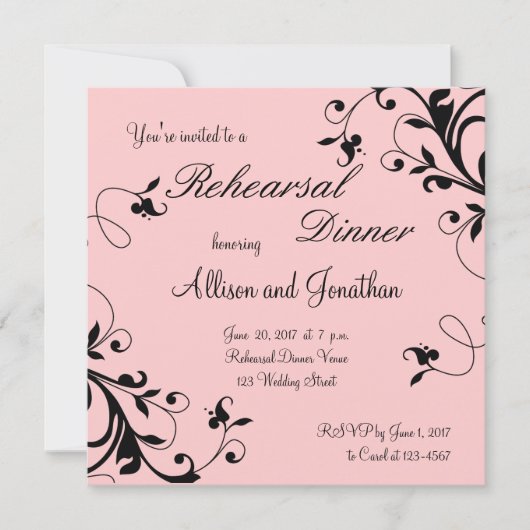 Roze zwarte Floral Swirls Rehearsal Dinner Invite Kaart (Voorkant)