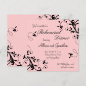 Roze zwarte Floral Swirls Rehearsal Dinner Invite Kaart (Voorkant / Achterkant)