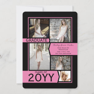 Roze zwarte fotocollage klasse Afstuderen Aankondiging