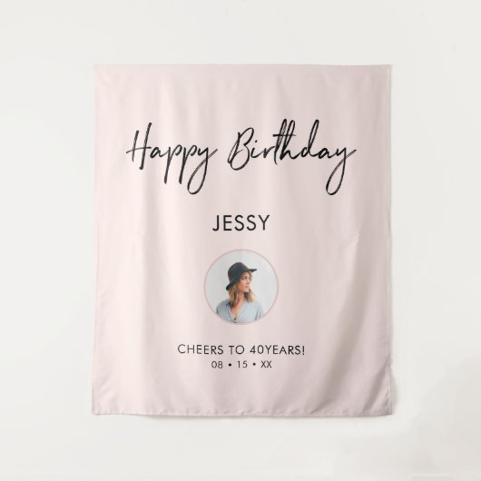Roze & Zwarte Gelukkige Verjaardag Foto Feest Acht Wandkleed (Voorkant)